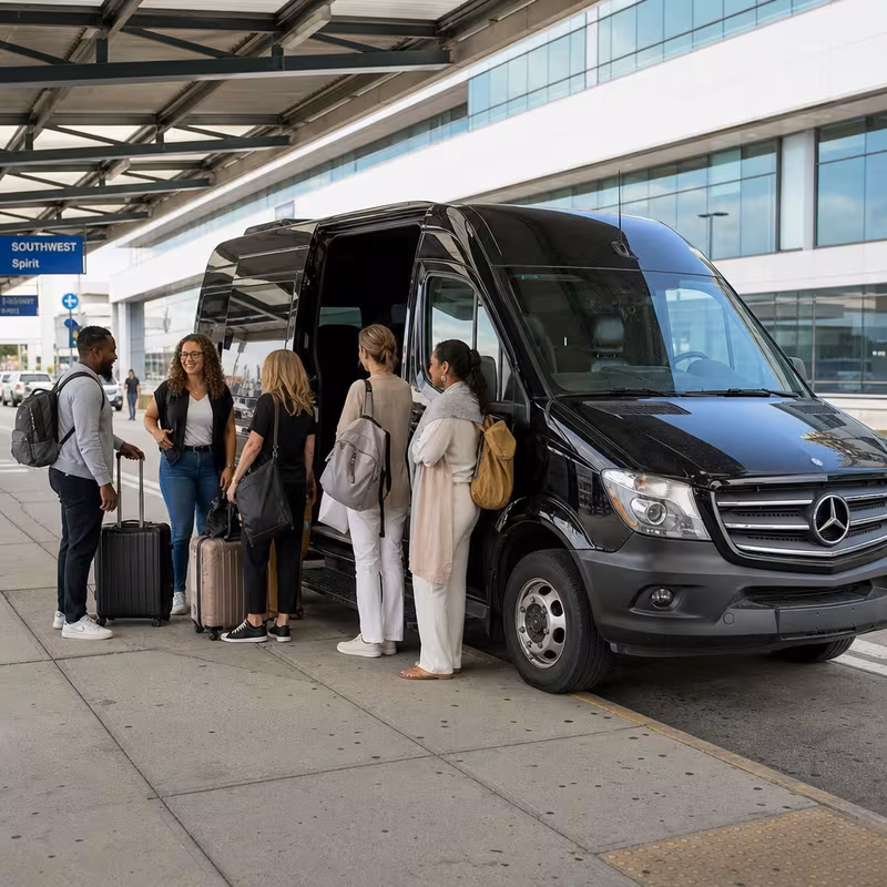 Group boarding a white charter bus for Airport Transportation transportation in New Orleans
