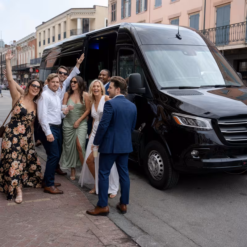 Group boarding a white charter bus for Bachelor & Bachelorette Transportation transportation in New Orleans