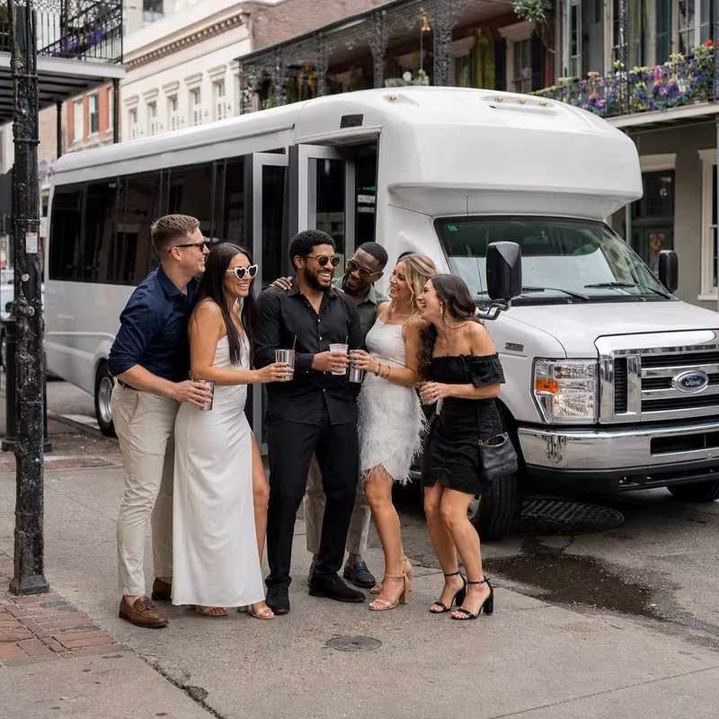 Black Mercedes Sprinter van staged for an New Orleans Bachelor & Bachelorette Transportation group