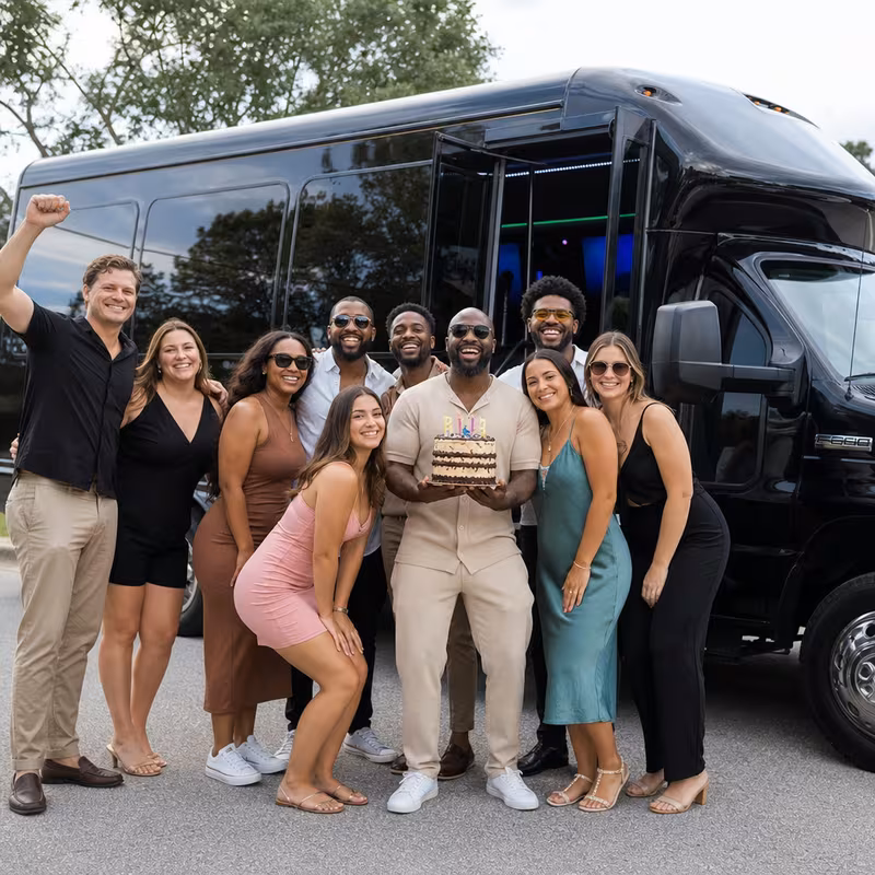 Party bus interior with wraparound leather seating and LED lighting in New Orleans