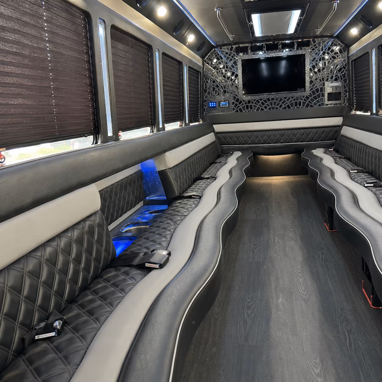 Interior of a party bus rental serving New Orleans