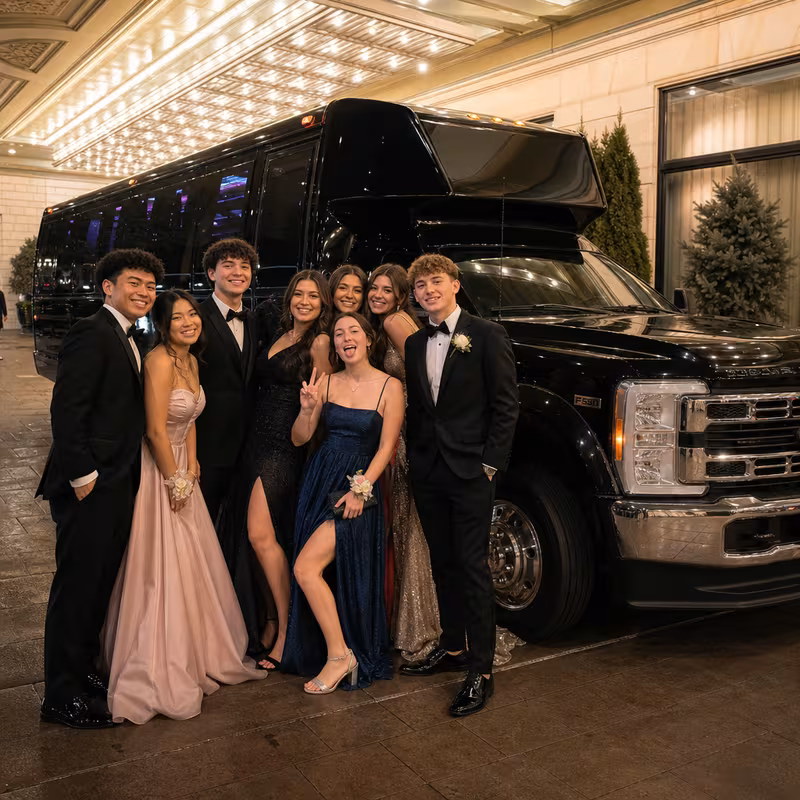 Party bus interior with wraparound leather seating and LED lighting in New Orleans