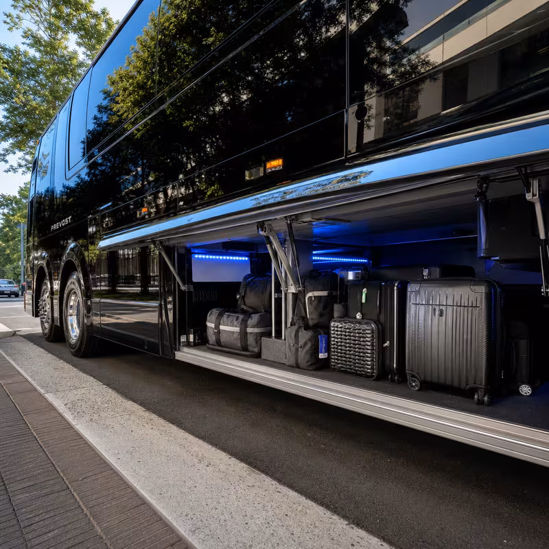 Party bus interior with wraparound leather seating and LED lighting in New Orleans