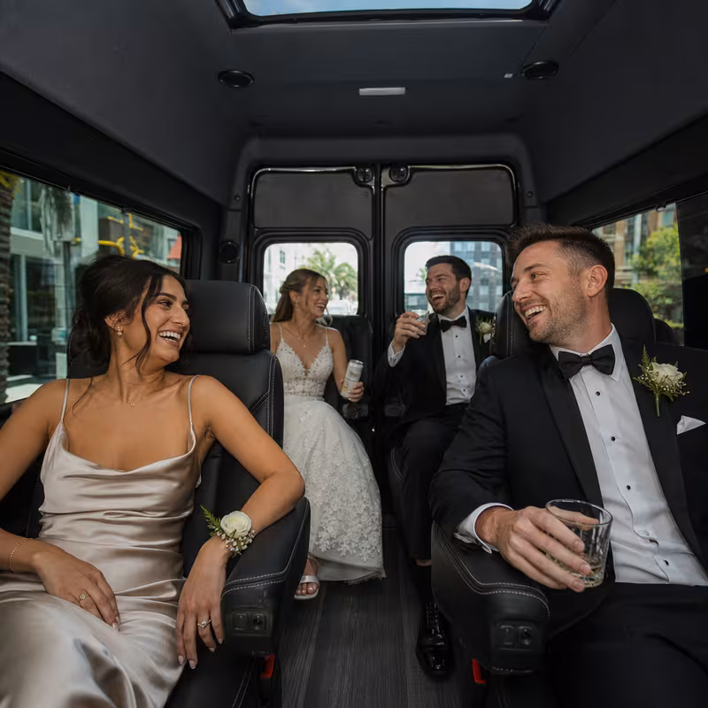 Black Mercedes Sprinter van staged for an New Orleans Wedding Transportation group