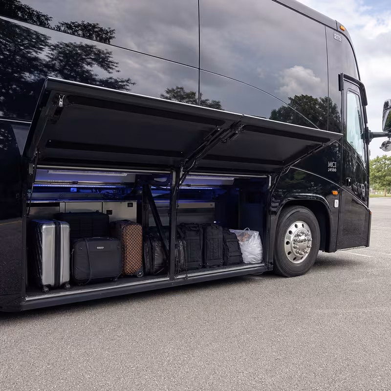 Party bus interior with wraparound leather seating and LED lighting in New Orleans